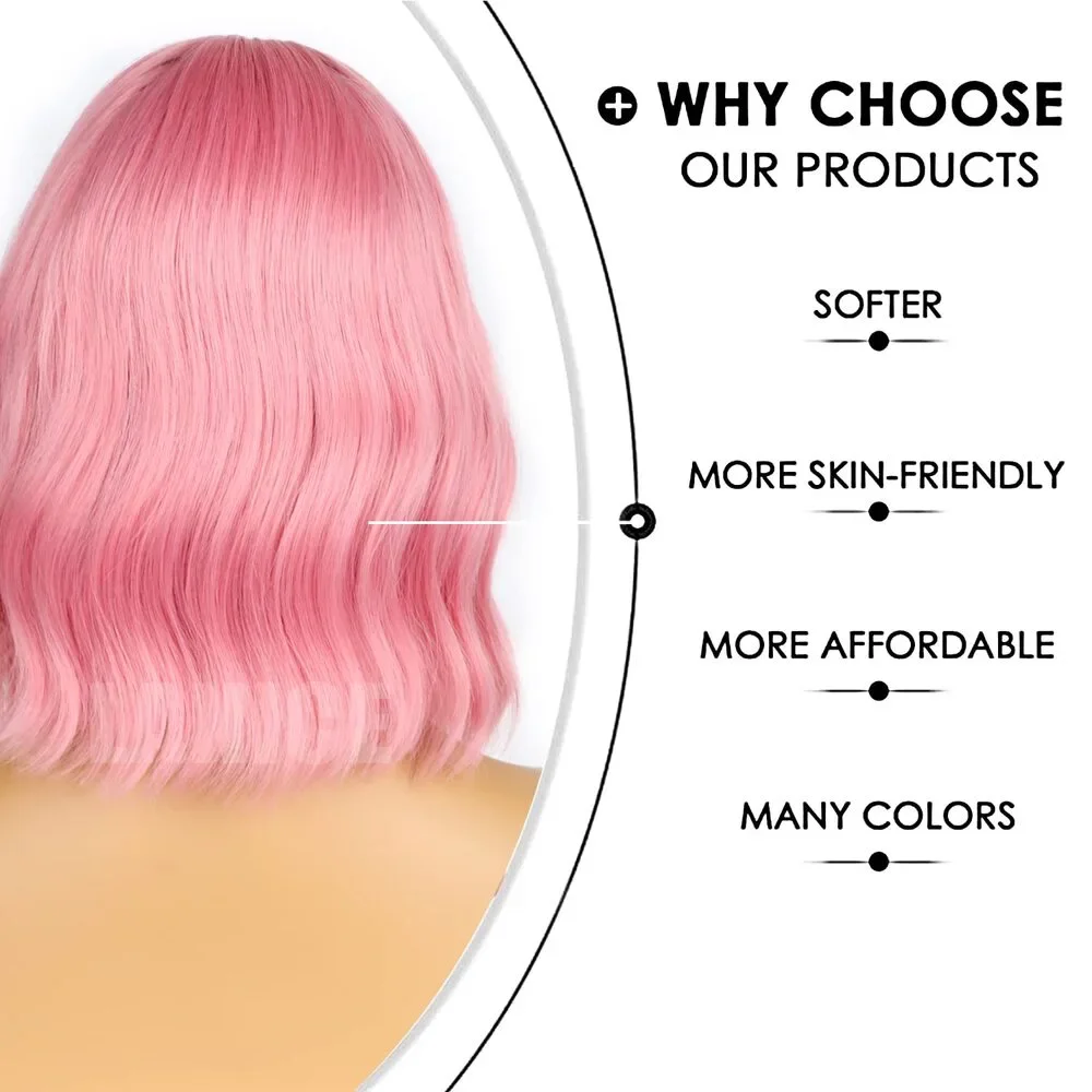 Short Bob Pink Wigs with Bangs for Women Loose Wavy Hair